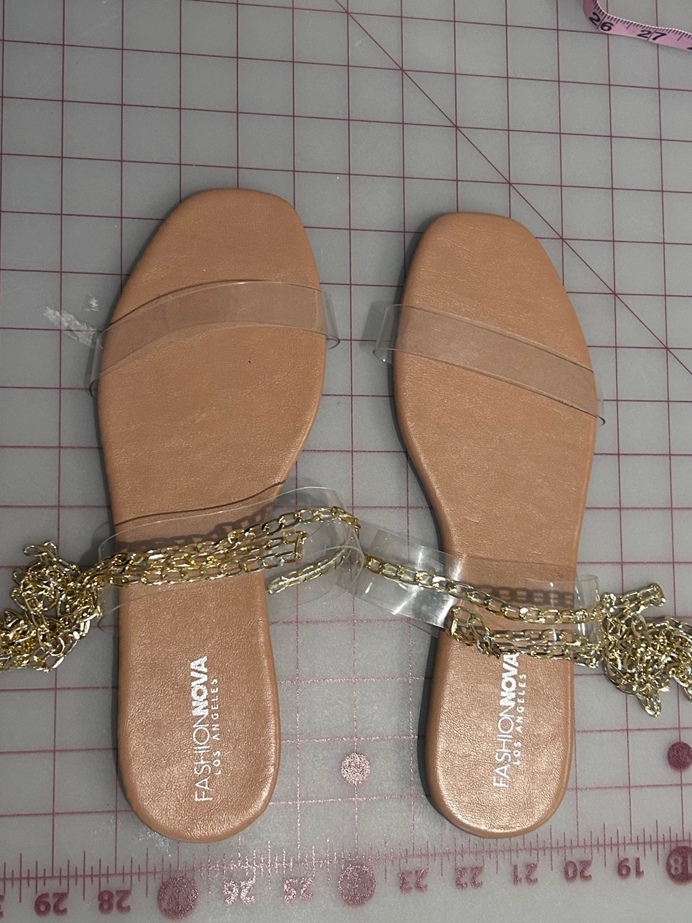 Fashion Nova Nude Tan Slide Sandals with Gold Chain Wrap - NWOT